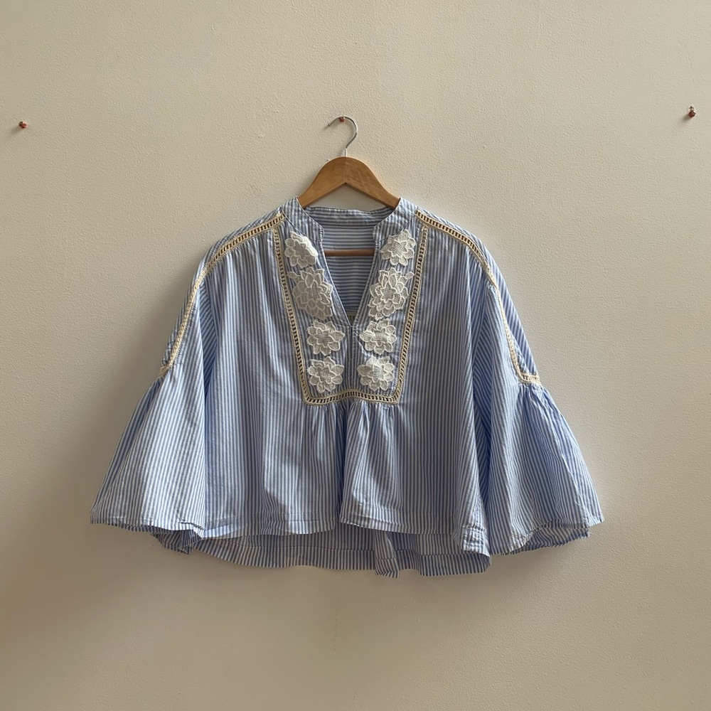 Embroidered pin strip ruffle blouse